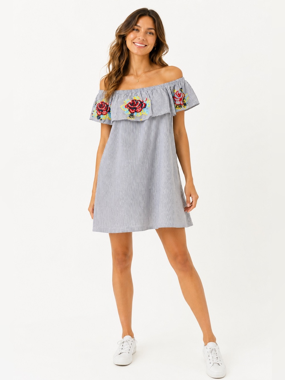 Paper Heart 100% Cotton Embroidered Off Shoulder Striped Dress Large Cottagecore